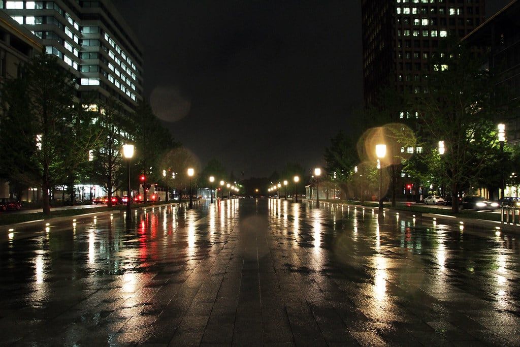 雨に濡れた東京の夜道に、街灯と建物の光が反射している